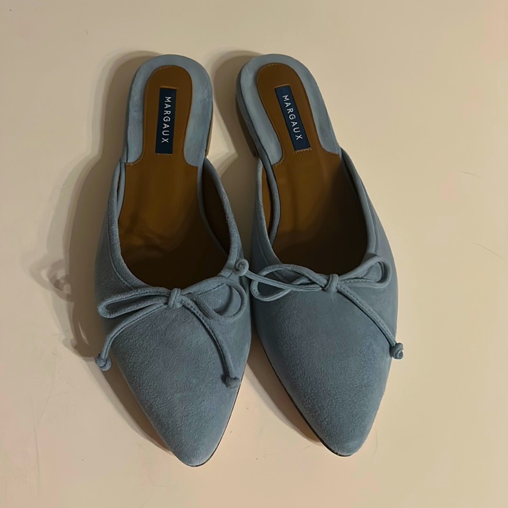 Margaux ‘Ballet Mule’ in French blue suede size 39/8. New with box and dust bag